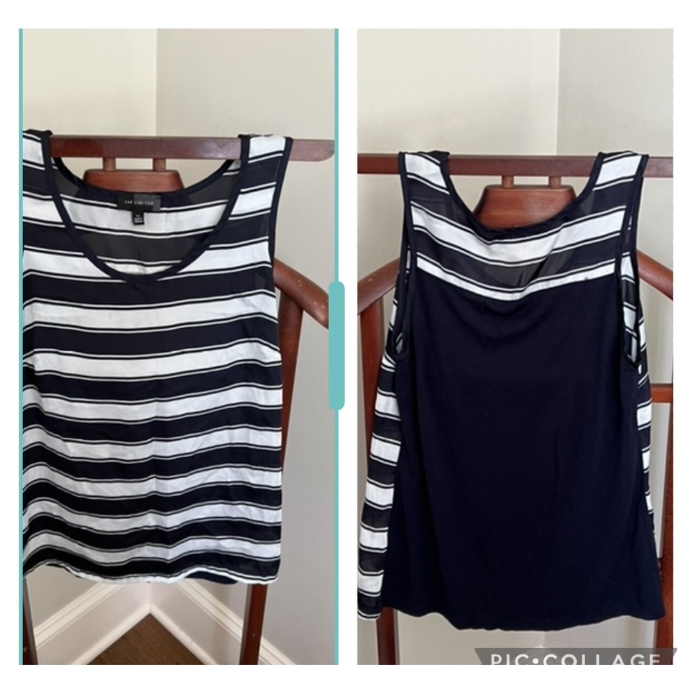 The Limited Womens Sleeveless Blouse Stripe White/Navy Blue Solid Back Xsmall